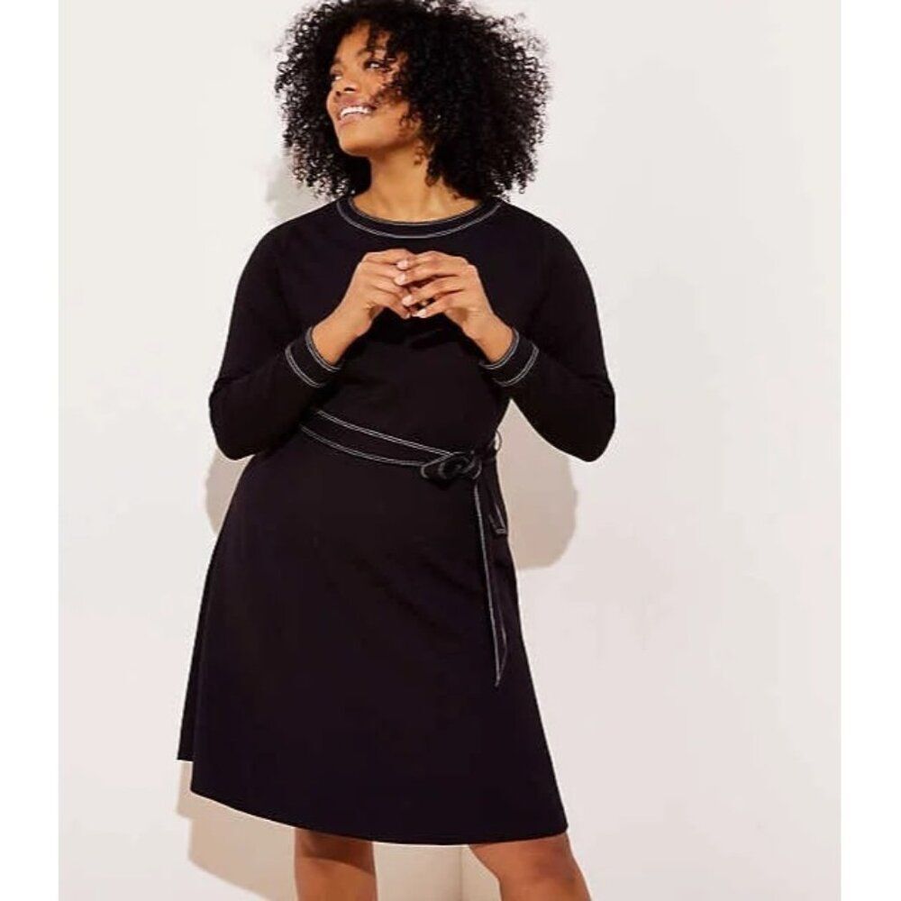 LOFT Topstitched Tie Waist Flare Dress, Black/White Stitching, size 10